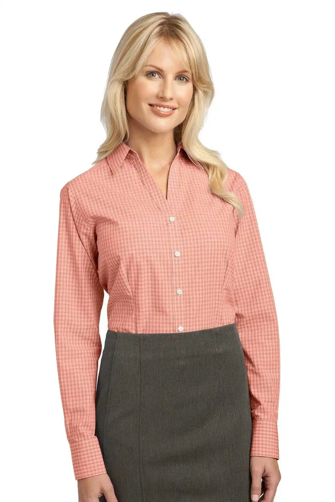 Port Authority L639 Ladies Plaid Pattern Easy Care Shirt - Orange