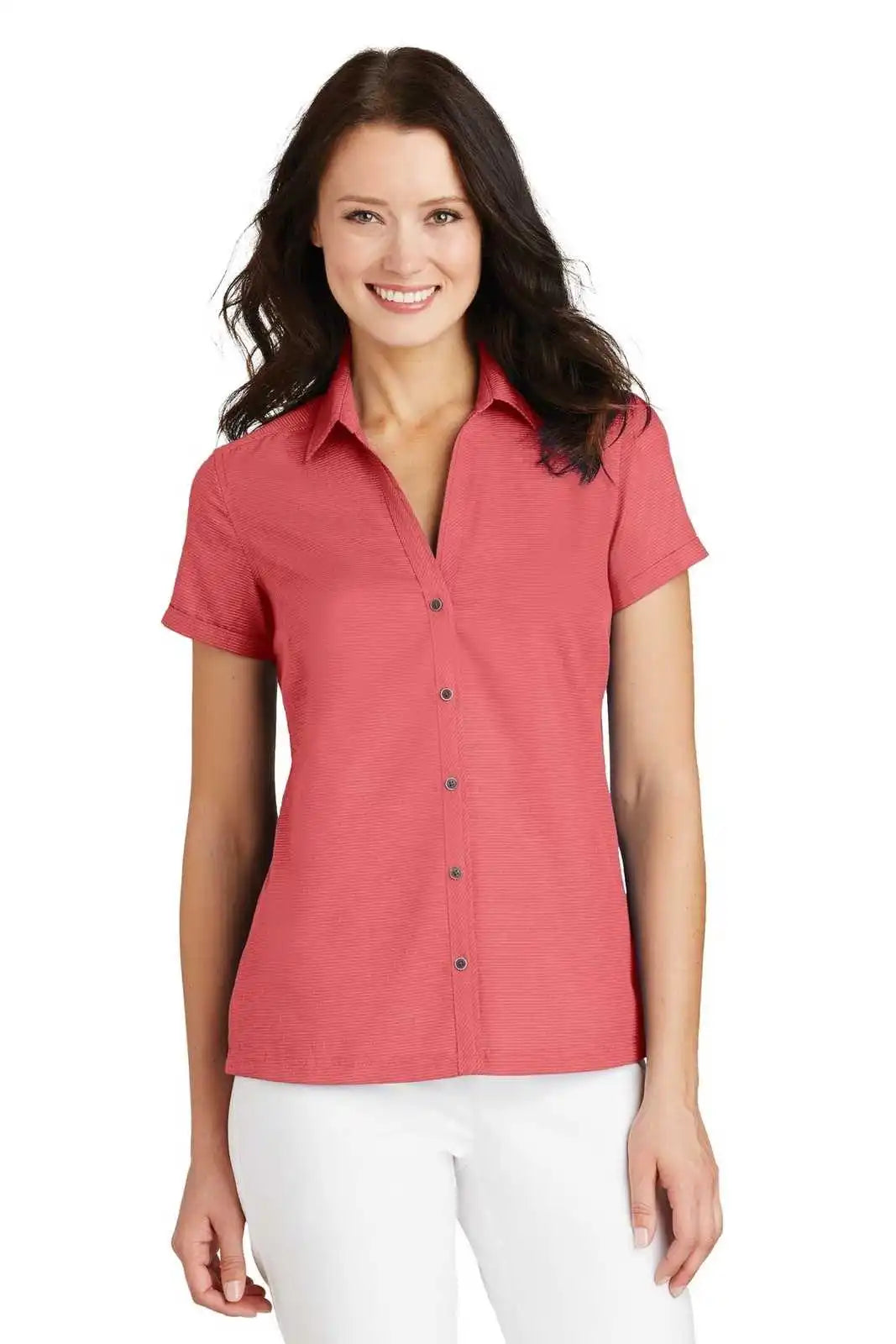 Port Authority L662 Ladies Textured Camp Shirt - Deep Coral