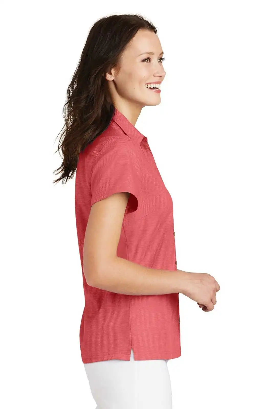 Port Authority L662 Ladies Textured Camp Shirt - Deep Coral