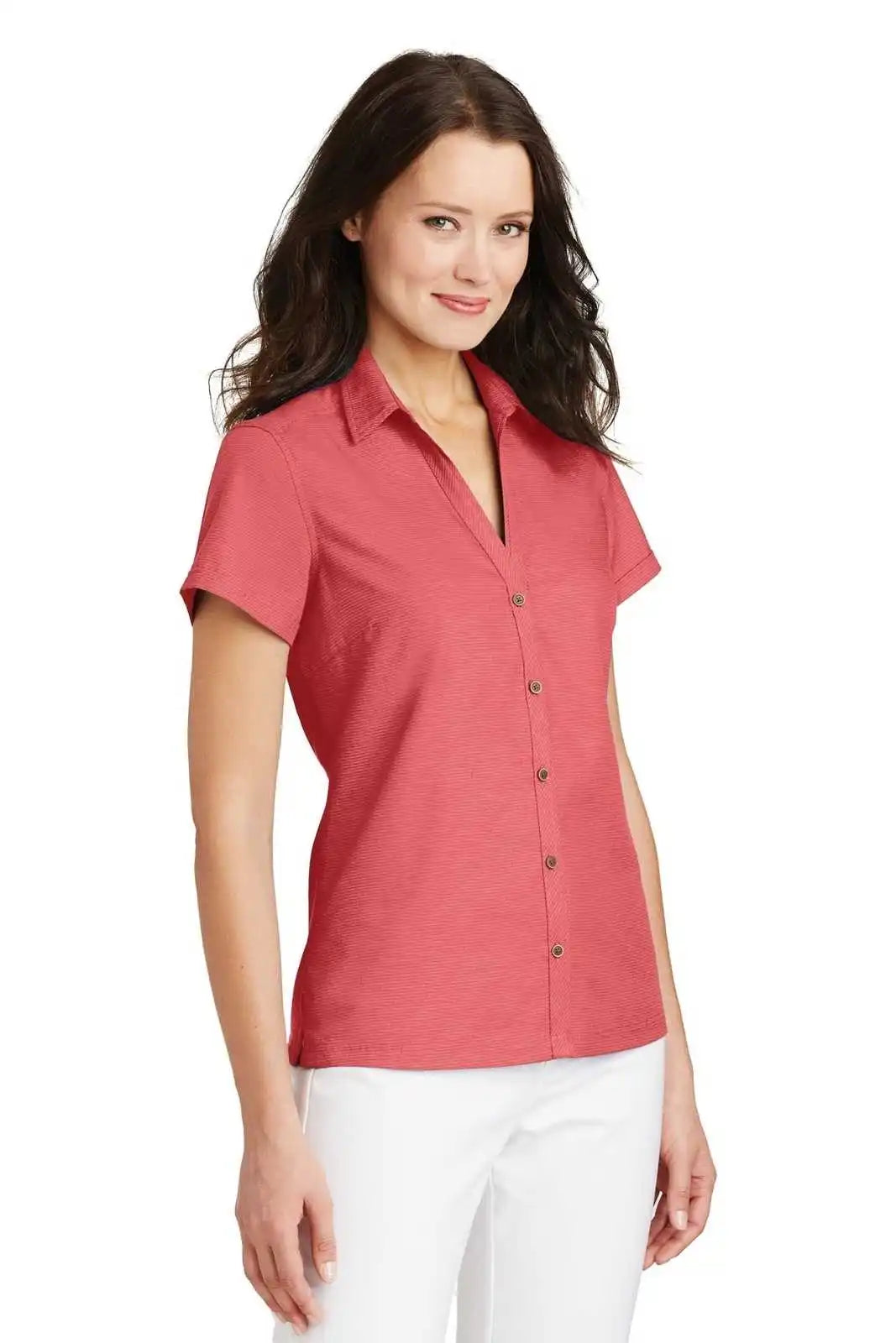 Port Authority L662 Ladies Textured Camp Shirt - Deep Coral