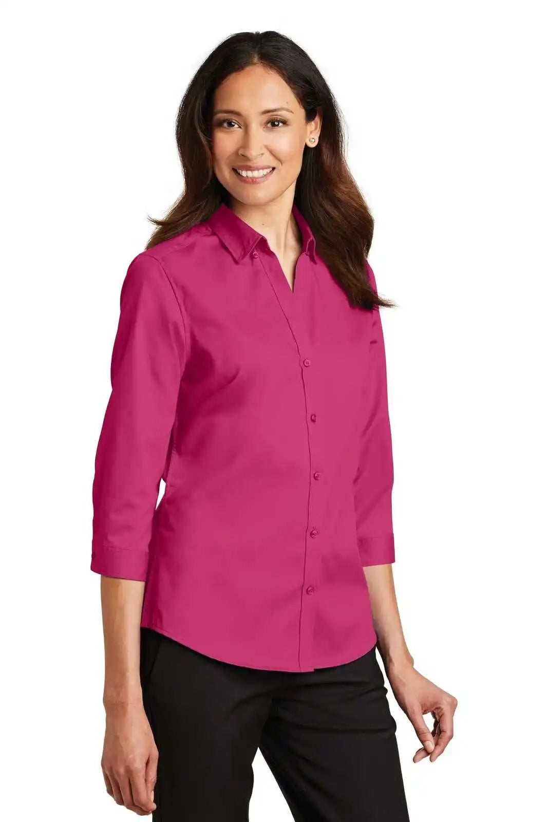 Port Authority L665 Ladies 3/4 Sleeve Superpro Twill Shirt Pink Azalea