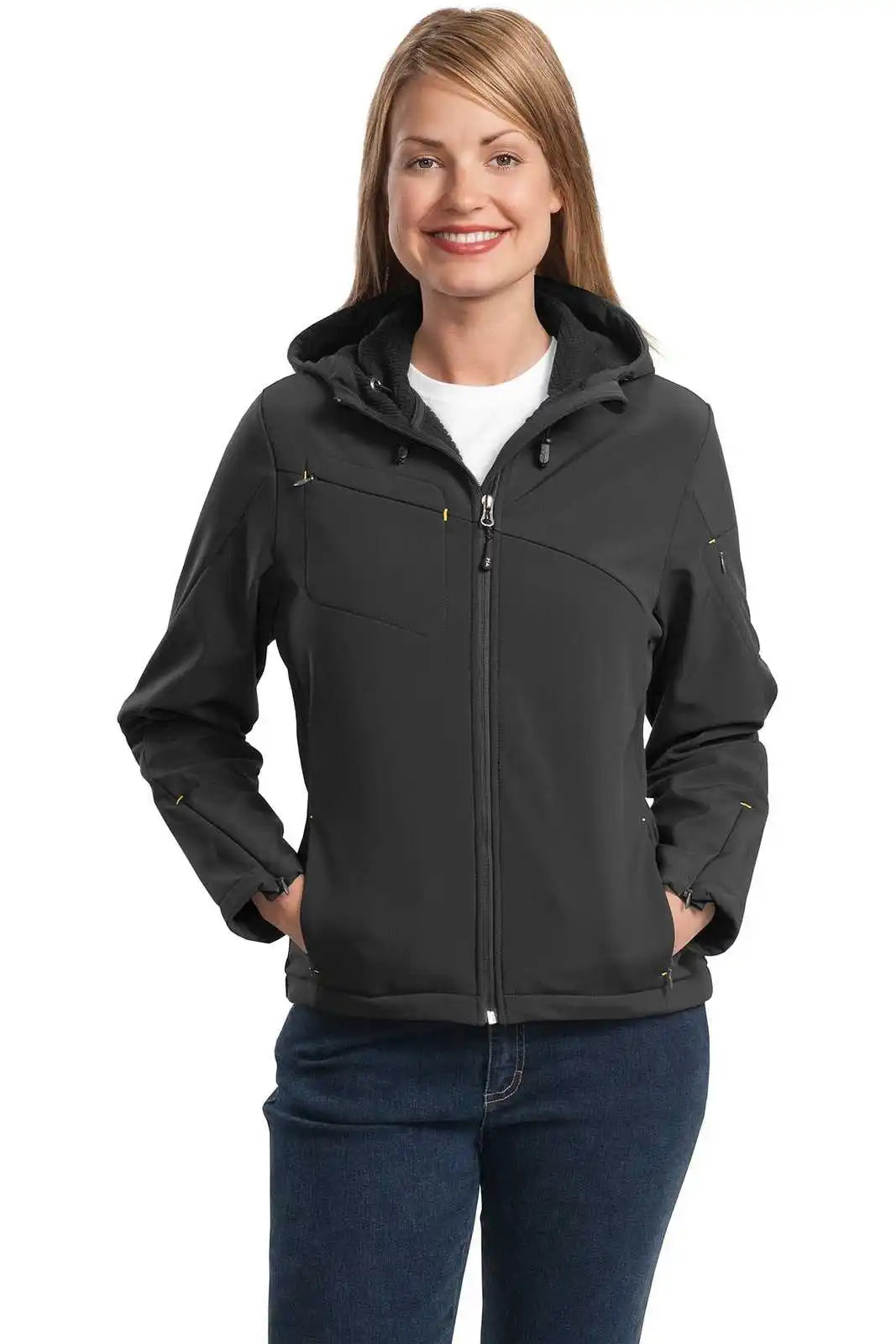 Port Authority L706 Ladies Textured Hooded Soft Shell Jacket - Charcoal Lemon Yellow