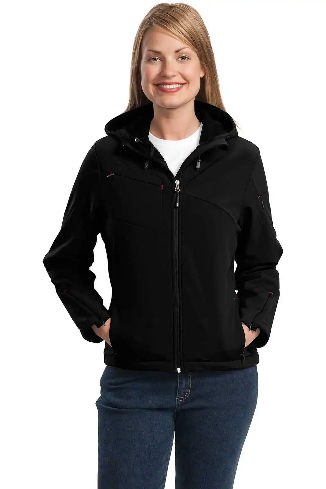 Port Authority L706 Ladies Textured Hooded Soft Shell Jacket - Black Engine Red