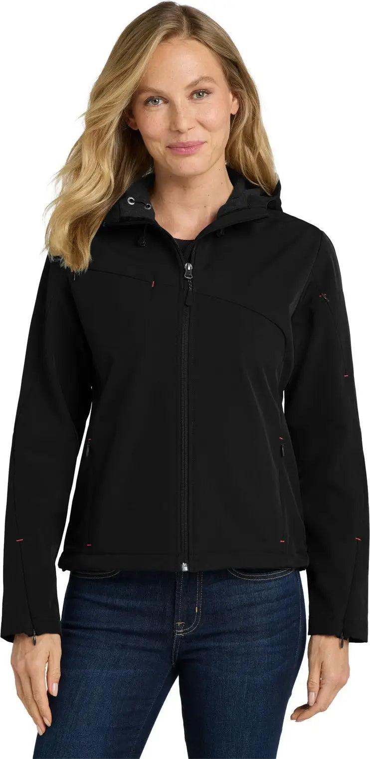 Port Authority L706 Women’s Textured Hooded Soft Shell Jacket - Black Engine Red