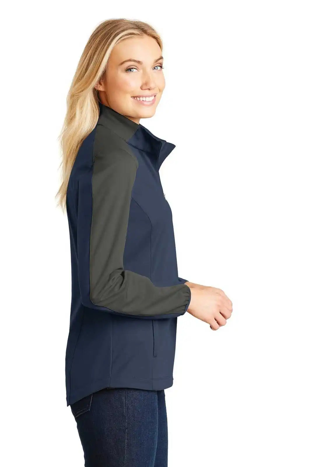 Port Authority L718 Ladies Active Colorblock Soft Shell Jacket - Dress Blue Navy Gray Steel