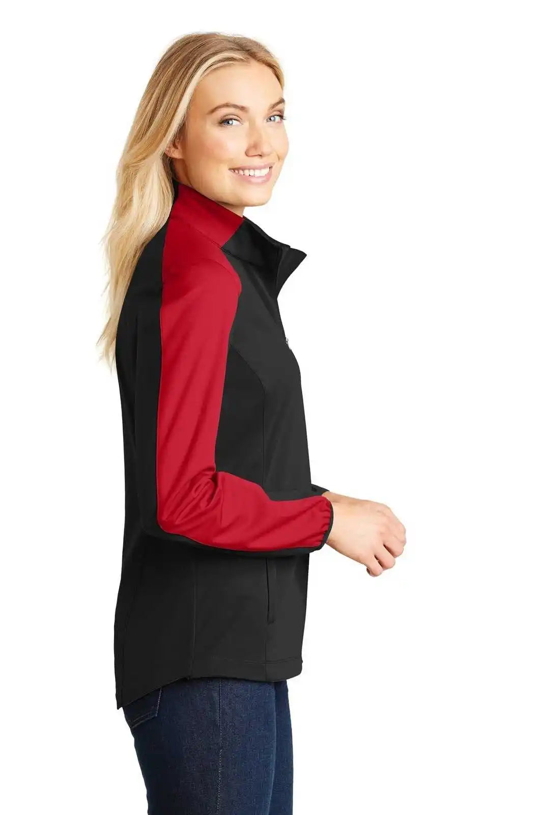 Port Authority L718 Ladies Active Colorblock Soft Shell Jacket - Deep Black Rich Red