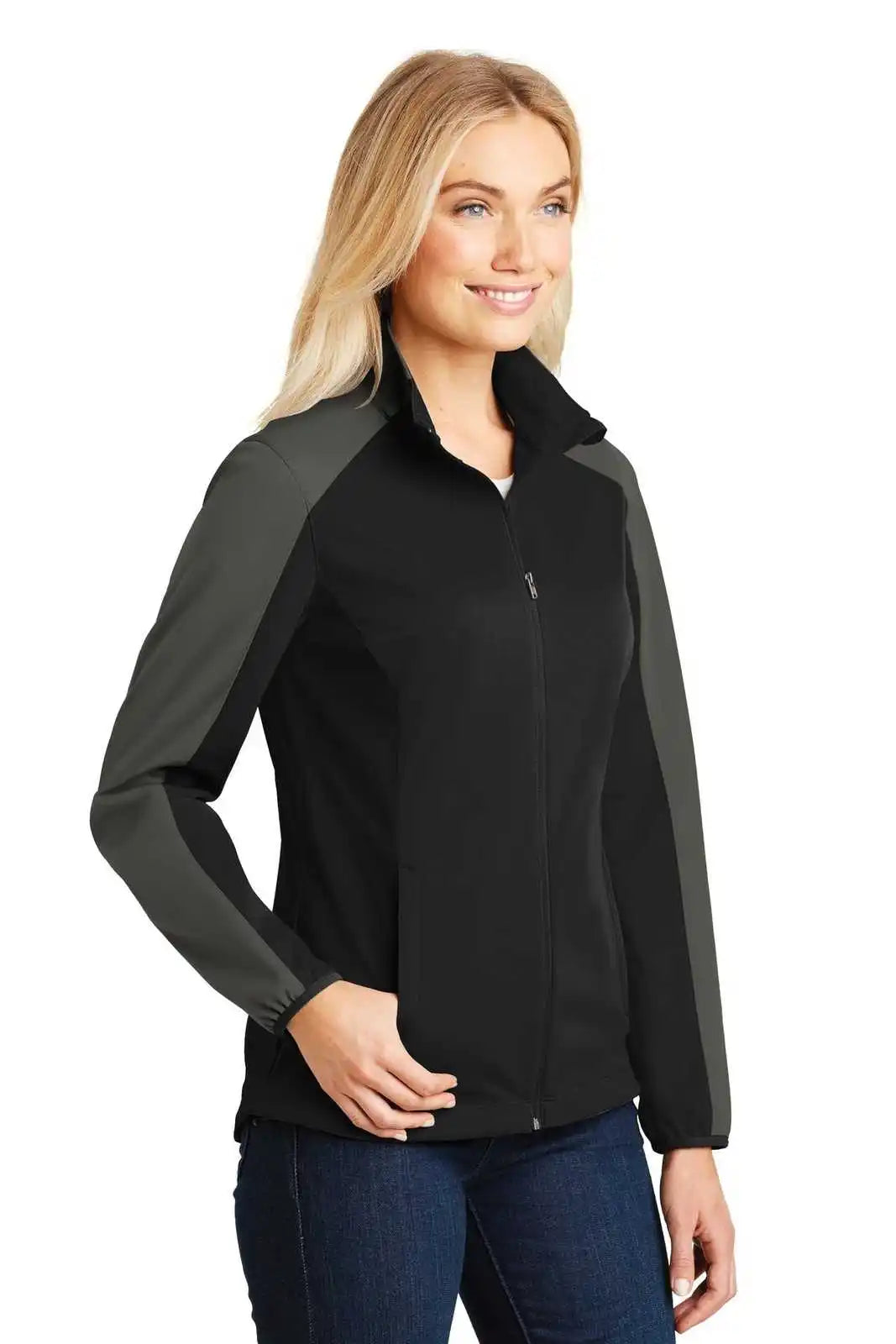 Port Authority L718 Ladies Active Colorblock Soft Shell Jacket - Deep Black Gray Steel