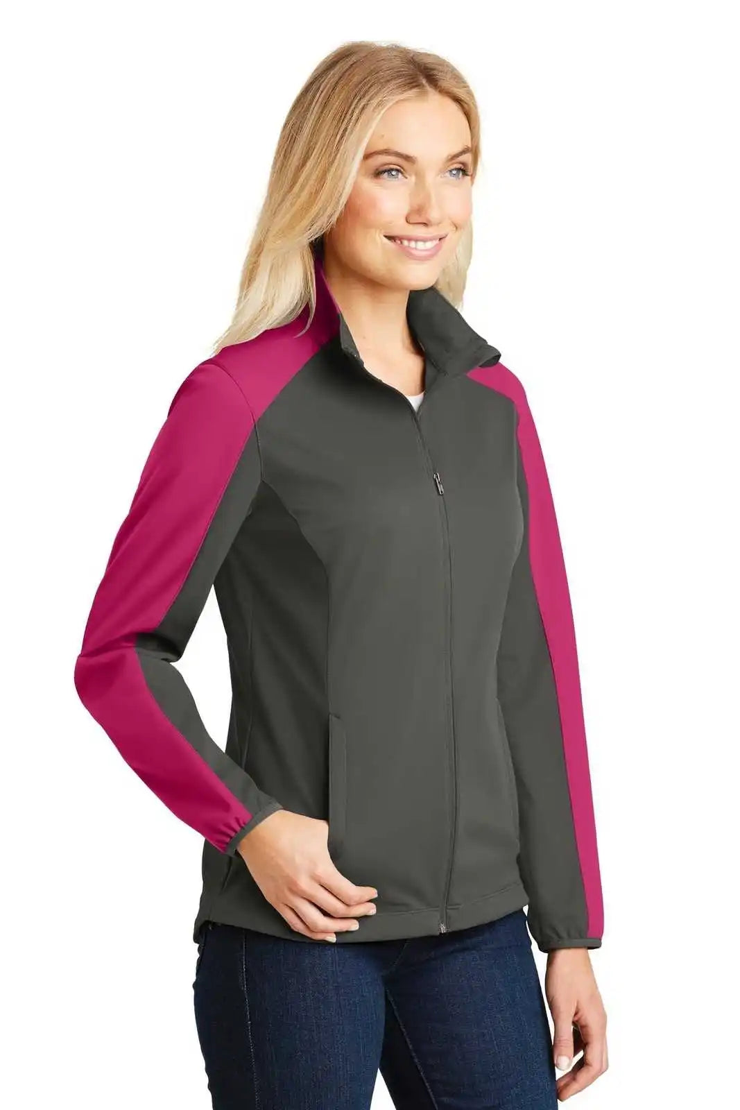 Port Authority L718 Ladies Active Colorblock Soft Shell Jacket - Gray Steel Pink Azalea