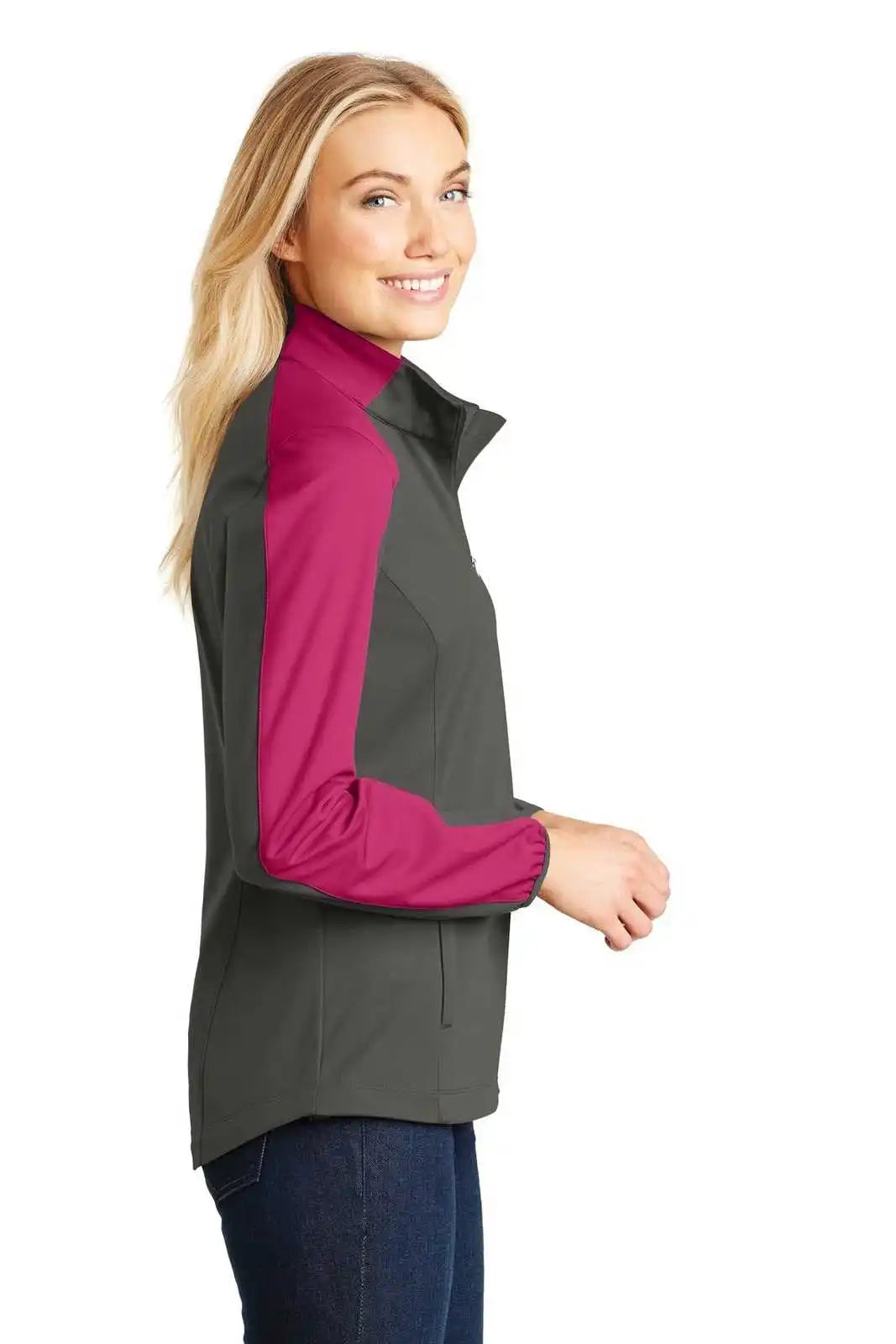 Port Authority L718 Ladies Active Colorblock Soft Shell Jacket - Gray Steel Pink Azalea