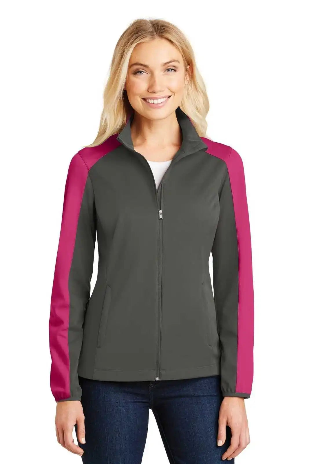 Port Authority L718 Ladies Active Colorblock Soft Shell Jacket - Gray Steel Pink Azalea