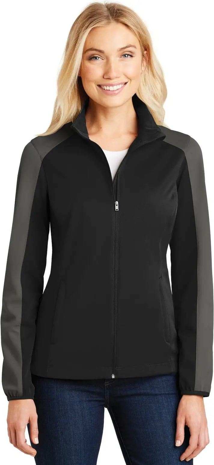 Port Authority L718 Women’s Active Colorblock Soft Shell Jacket - Deep Black Gray Steel
