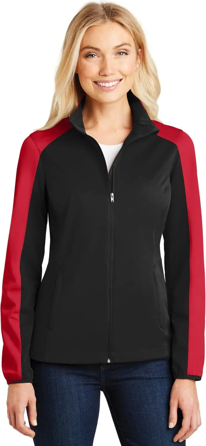 Port Authority L718 Women’s Active Colorblock Soft Shell Jacket - Deep Black Rich Red