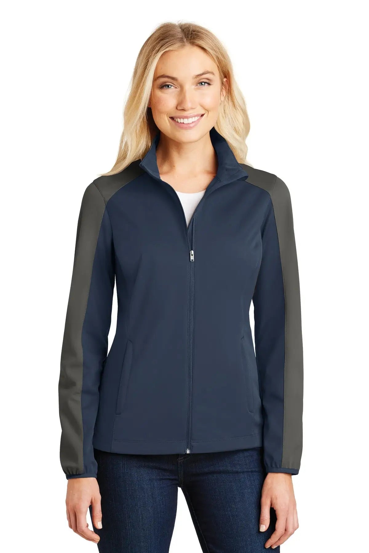 Port Authority L718 Women’s Active Colorblock Soft Shell Jacket - Dress Blue Navy Gray Steel