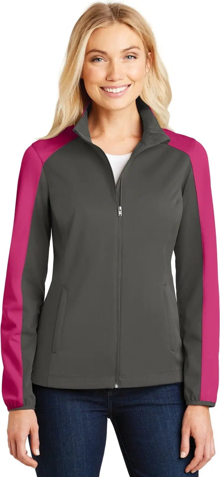 Port Authority L718 Women’s Active Colorblock Soft Shell Jacket - Gray Steel Pink Azalea