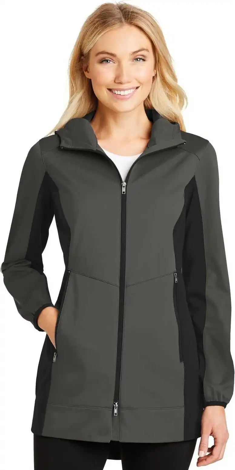 Port Authority L719 Ladies Active Hooded Soft Shell Jacket Gray Steel Deep Black