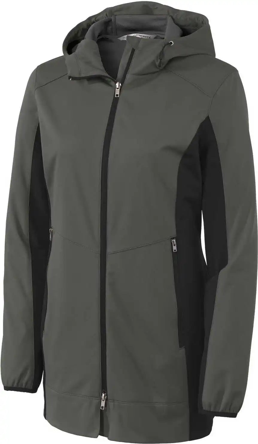 Port Authority L719 Ladies Active Hooded Soft Shell Jacket Gray Steel Deep Black