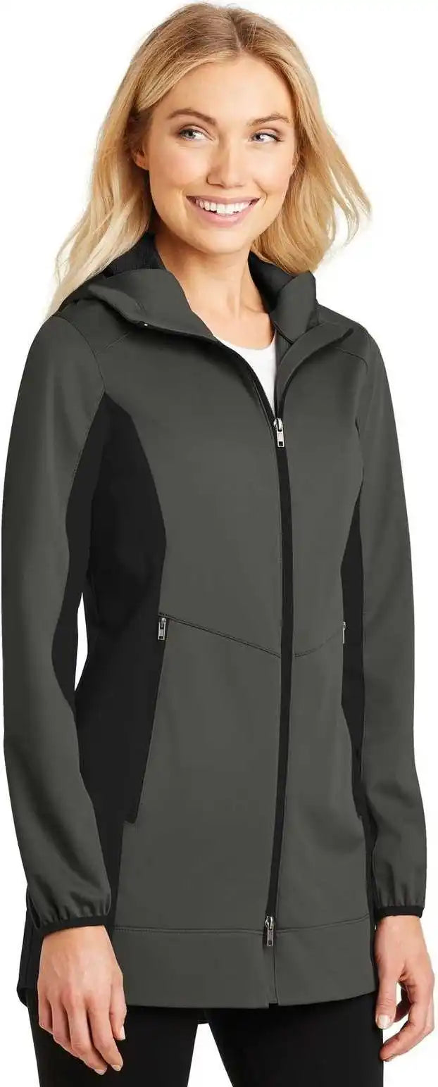 Port Authority L719 Ladies Active Hooded Soft Shell Jacket Gray Steel Deep Black