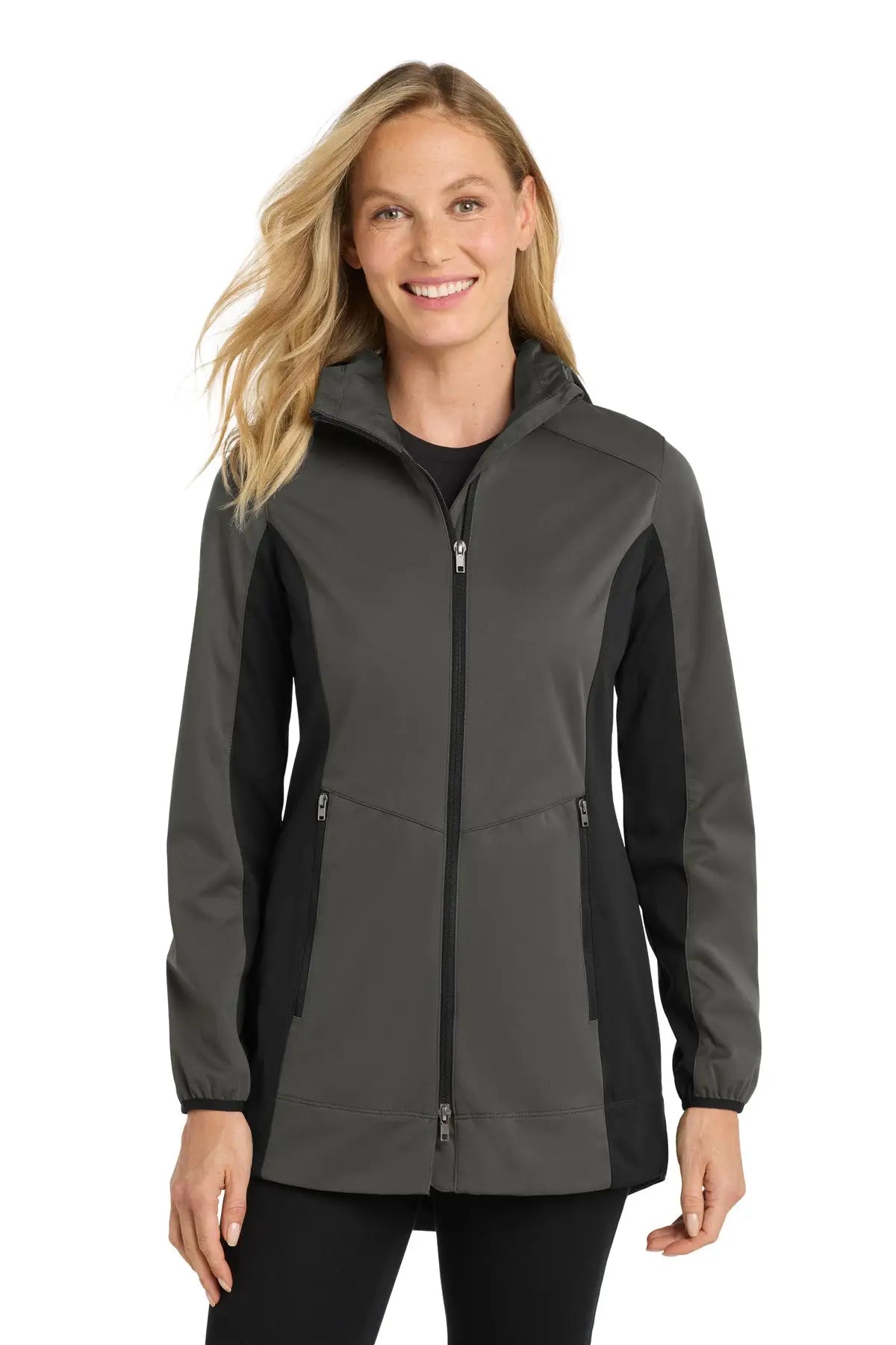 Port Authority L719 Women’s Active Hooded Soft Shell Jacket - Gray Steel Deep Black
