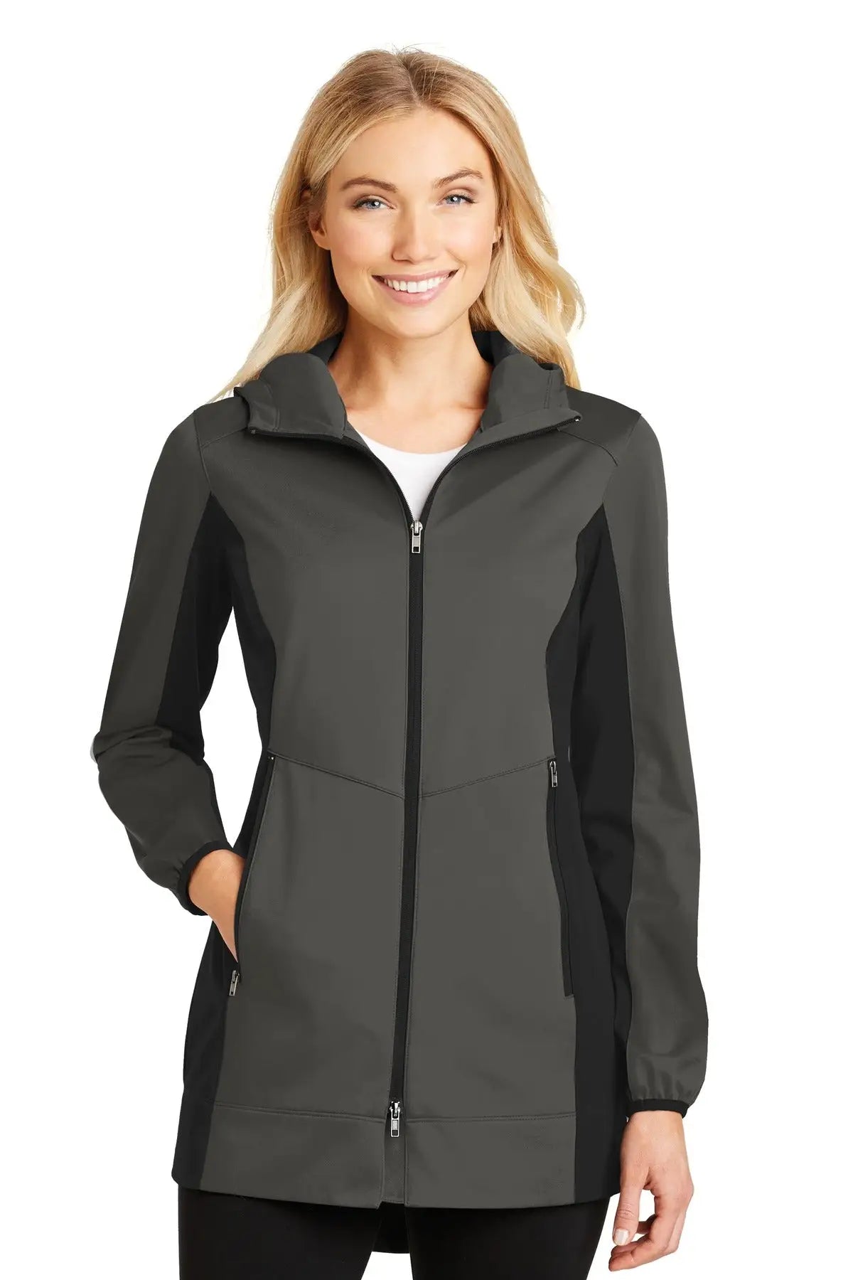 Port Authority L719 Women’s Active Hooded Soft Shell Jacket - Gray Steel Deep Black - Steel/ / Ladies Xs