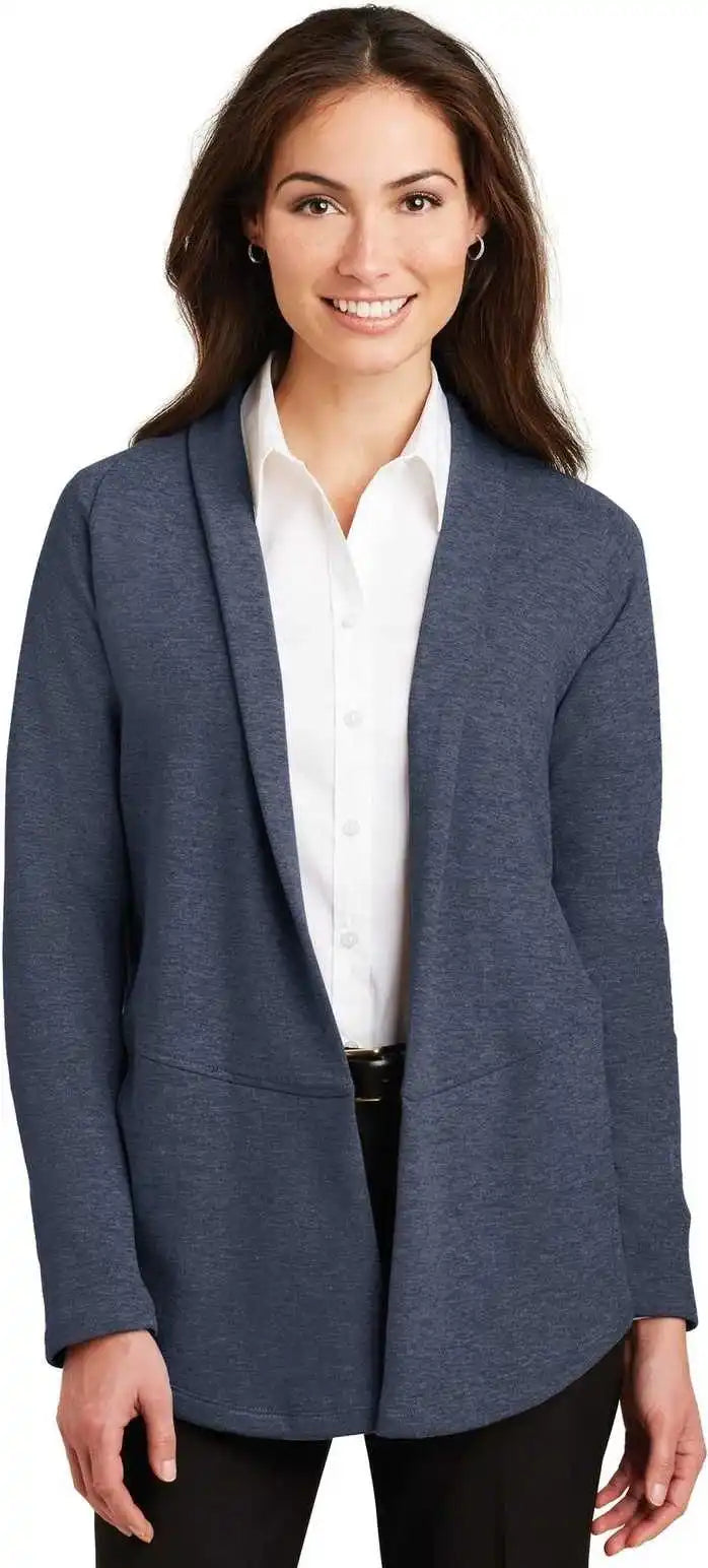 Port Authority L807 Ladies Interlock Cardigan Estate Blue Heather Charcoal
