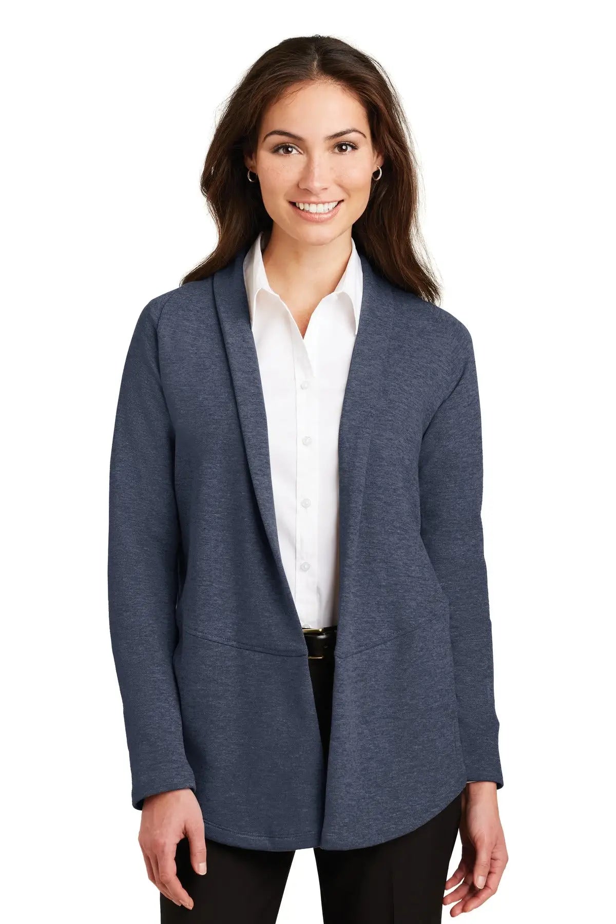 Port Authority L807 Women’s Interlock Cardigan - Estate Blue Heather Charcoal - Heather/ / Ladies Xs