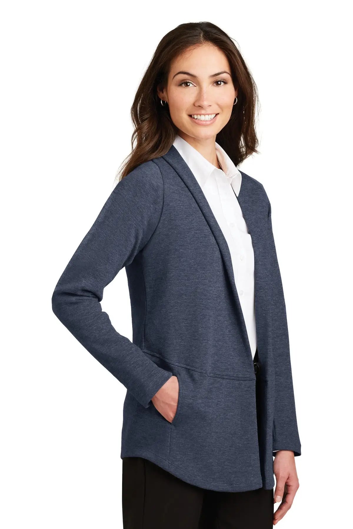 Port Authority L807 Women’s Interlock Cardigan - Estate Blue Heather Charcoal
