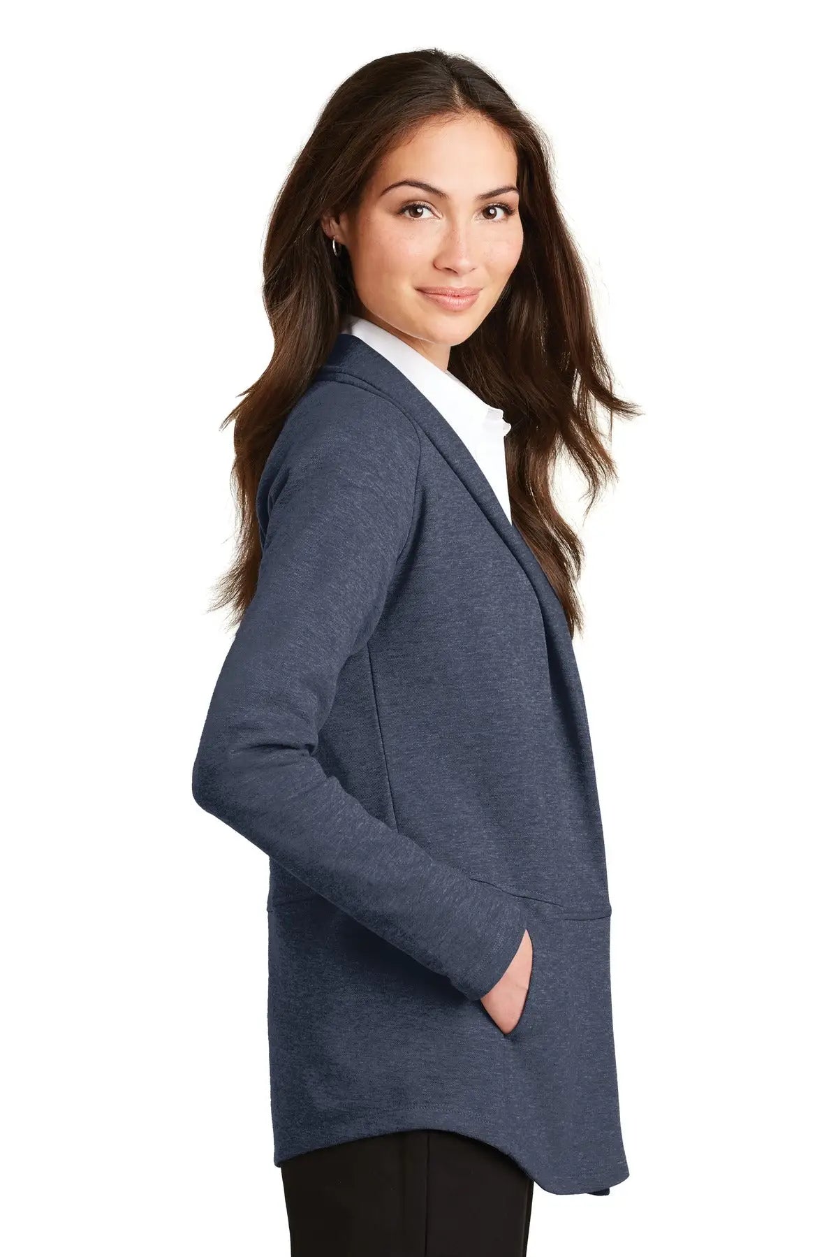 Port Authority L807 Women’s Interlock Cardigan - Estate Blue Heather Charcoal