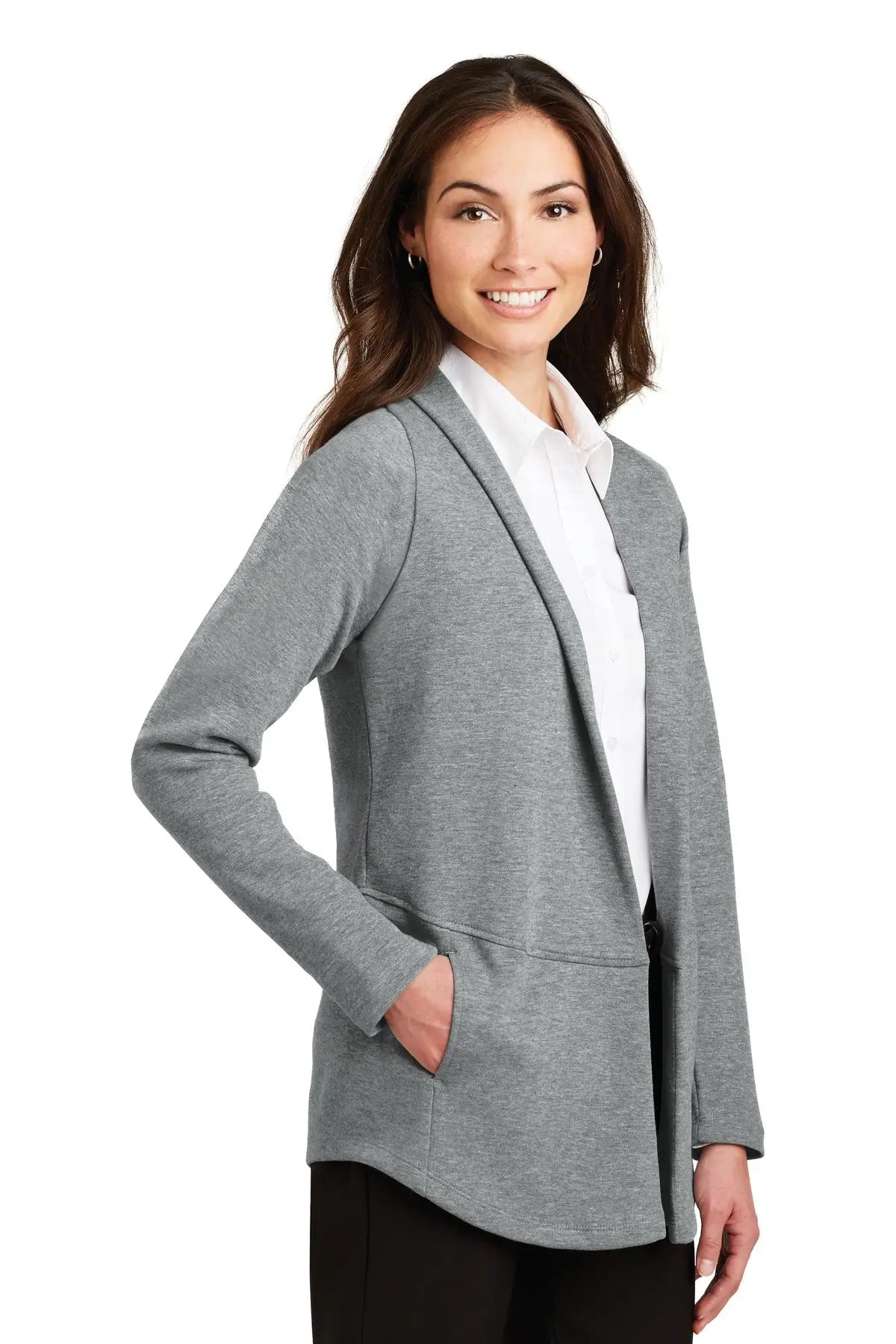 Port Authority L807 Women’s Interlock Cardigan - Medium Heather Gray Charcoal