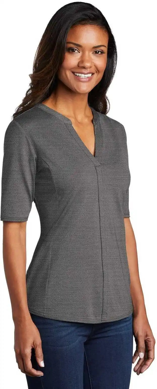 Port Authority Lk583 Ladies Stretch Heather Open Neck Top Black Thunder Gray