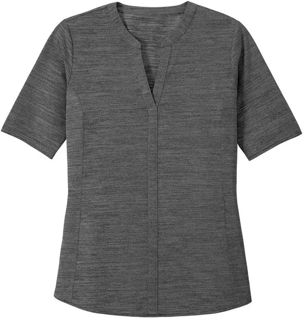 Port Authority Lk583 Ladies Stretch Heather Open Neck Top Black Thunder Gray