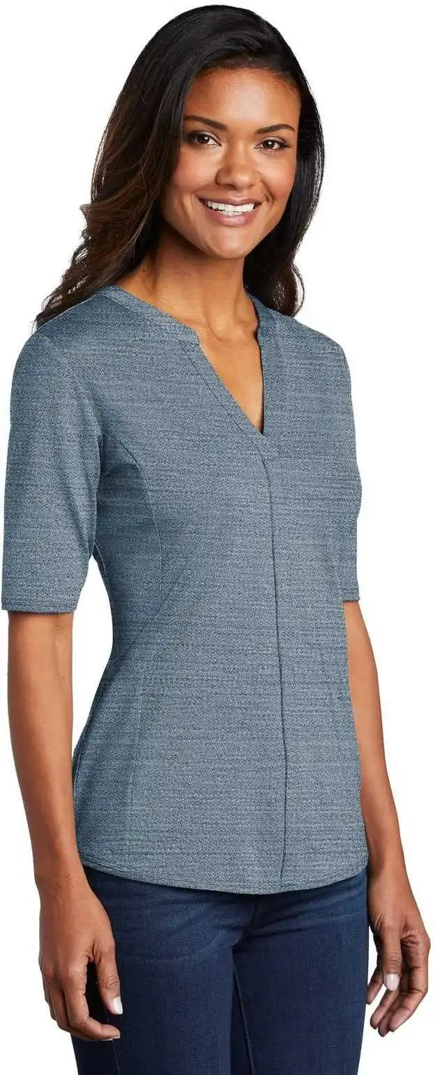 Port Authority Lk583 Ladies Stretch Heather Open Neck Top Regatta Blue Gusty Gray