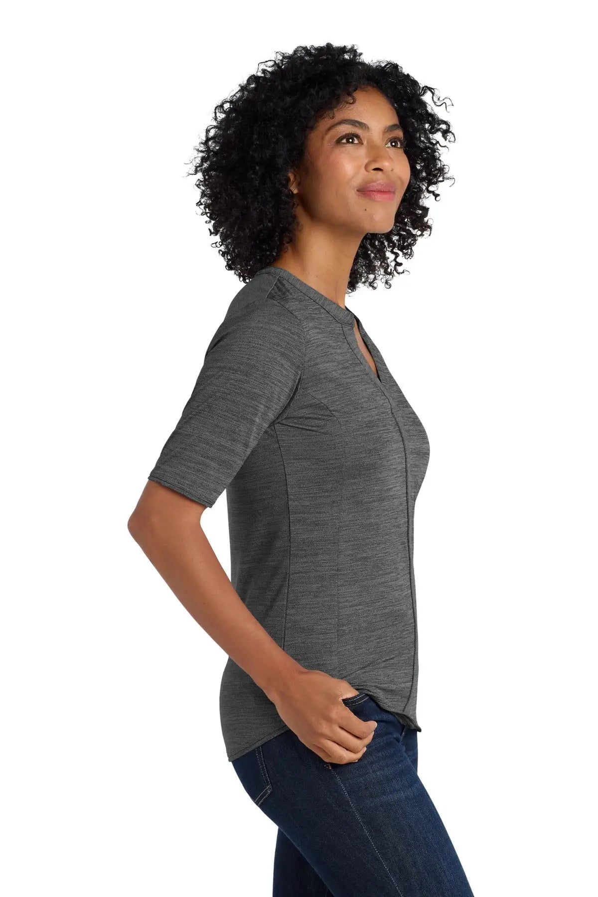 Port Authority Lk583 Women’s Stretch Heather Open Neck Top - Black Thunder Gray