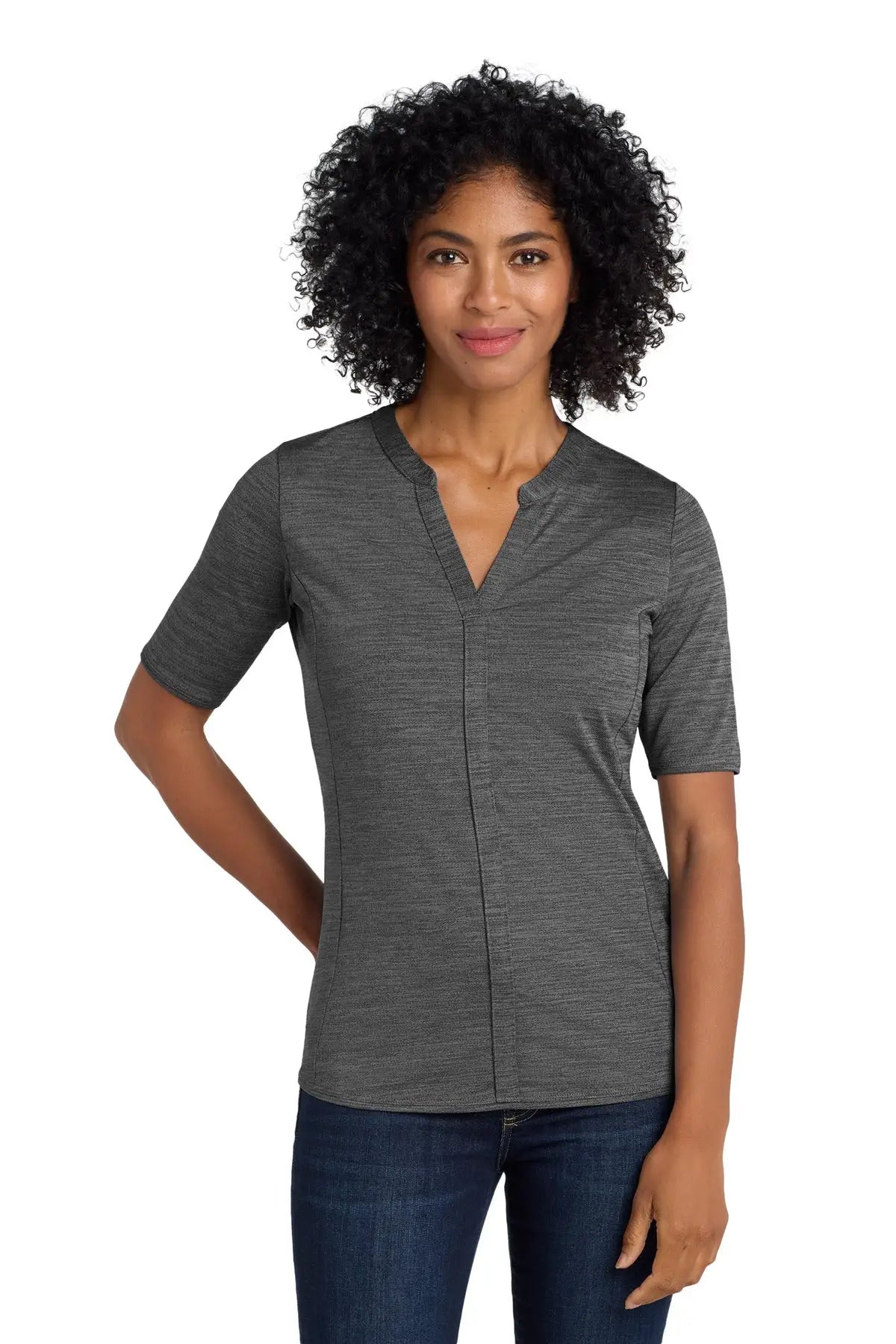 Port Authority Lk583 Women’s Stretch Heather Open Neck Top - Black Thunder Gray