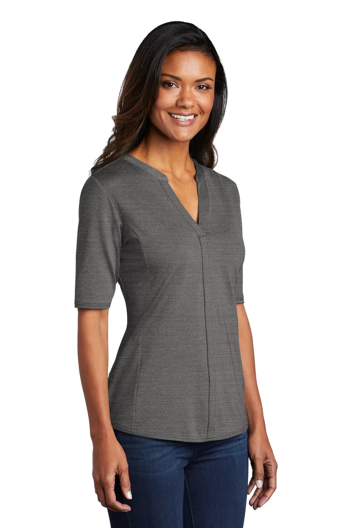 Port Authority Lk583 Women’s Stretch Heather Open Neck Top - Black Thunder Gray