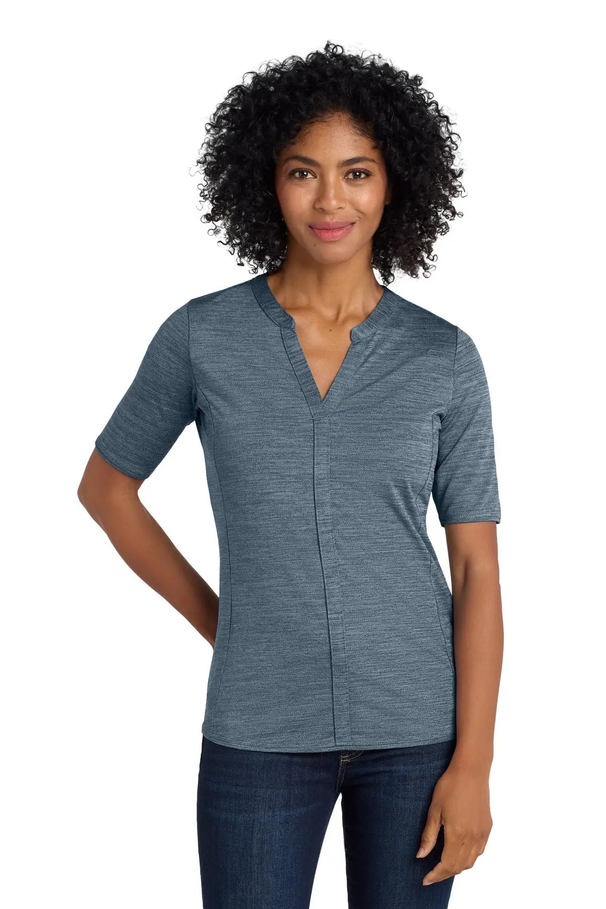 Port Authority Lk583 Women’s Stretch Heather Open Neck Top - Regatta Blue Gusty Gray