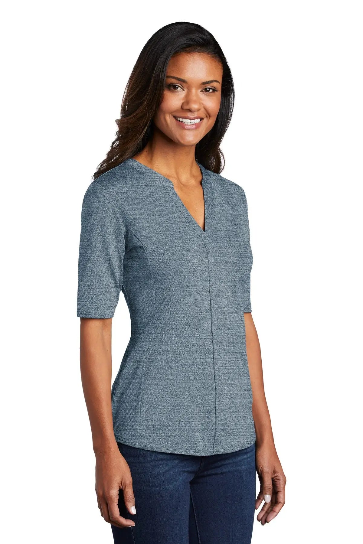 Port Authority Lk583 Women’s Stretch Heather Open Neck Top - Regatta Blue Gusty Gray