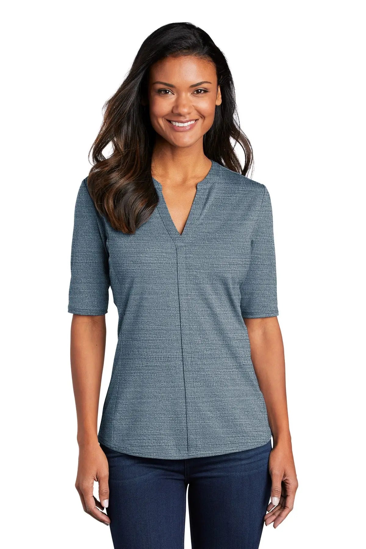 Port Authority Lk583 Women’s Stretch Heather Open Neck Top - Regatta Blue Gusty Gray - Blue/ / Ladies Xs