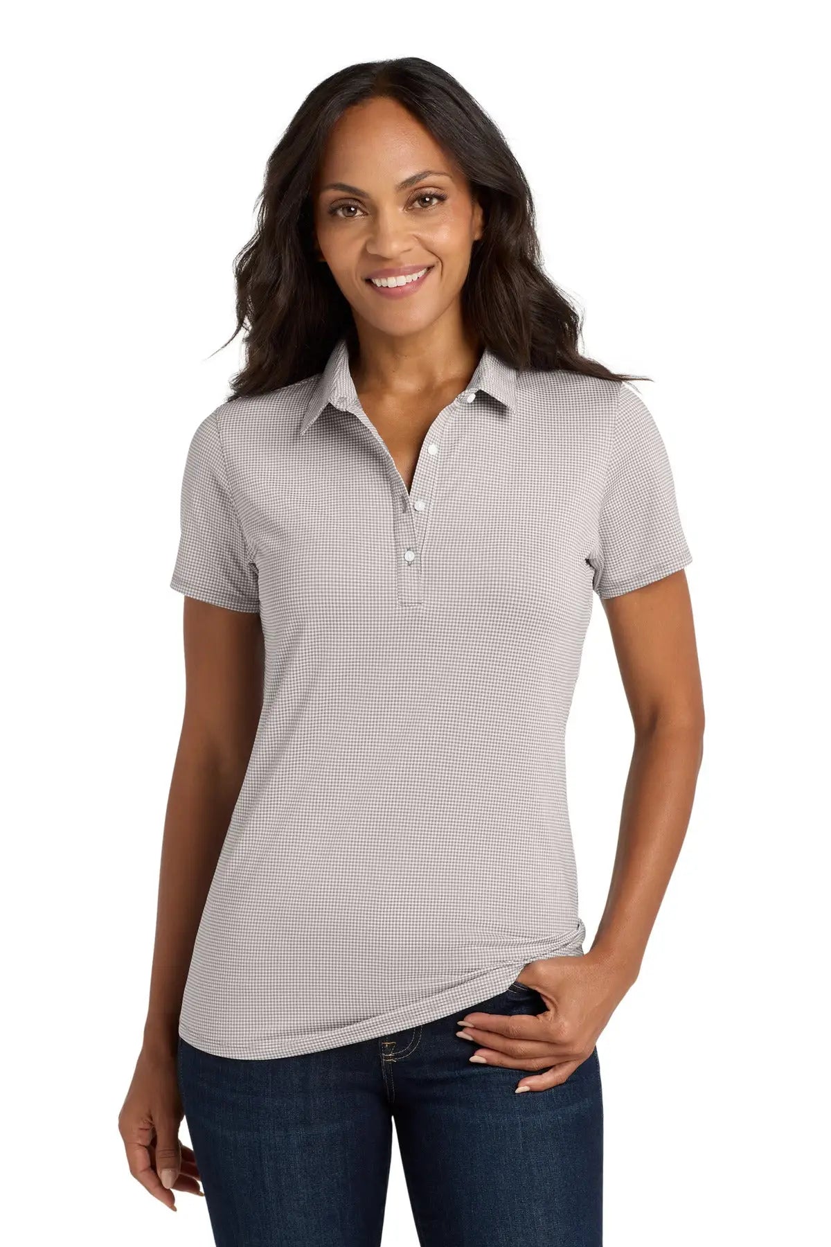 Port Authority Lk646 Women’s Gingham Polo - Gusty Gray White