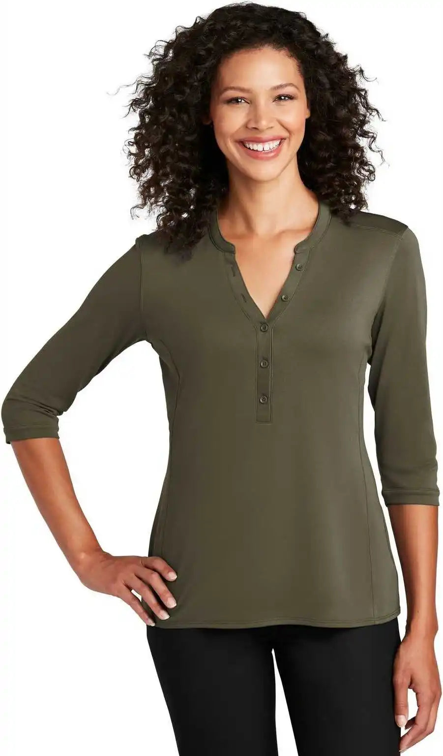 Port Authority Lk750 Ladies Uv Choice Pique Henley Deep Olive