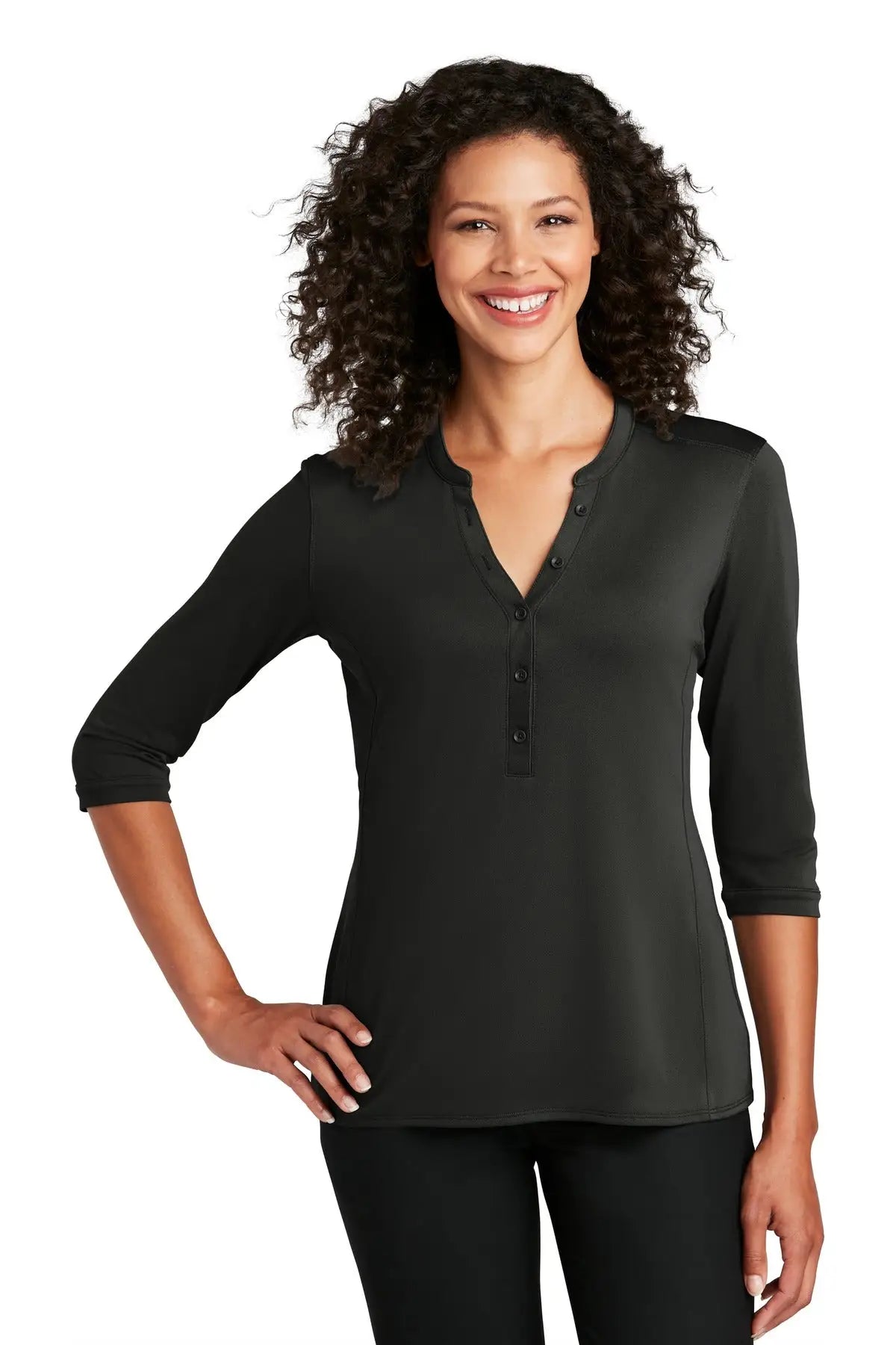 Port Authority Lk750 Women’s Uv Choice Pique Henley - Black - Ladies Xs