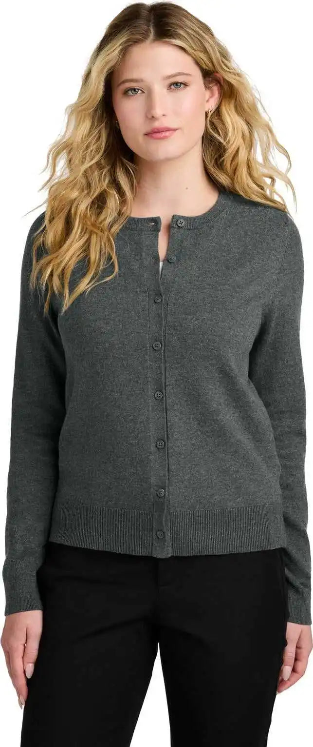 Port Authority Lsw2870 Women’s Easy Care Crewneck Cardigan Sweater Charcoal Heather