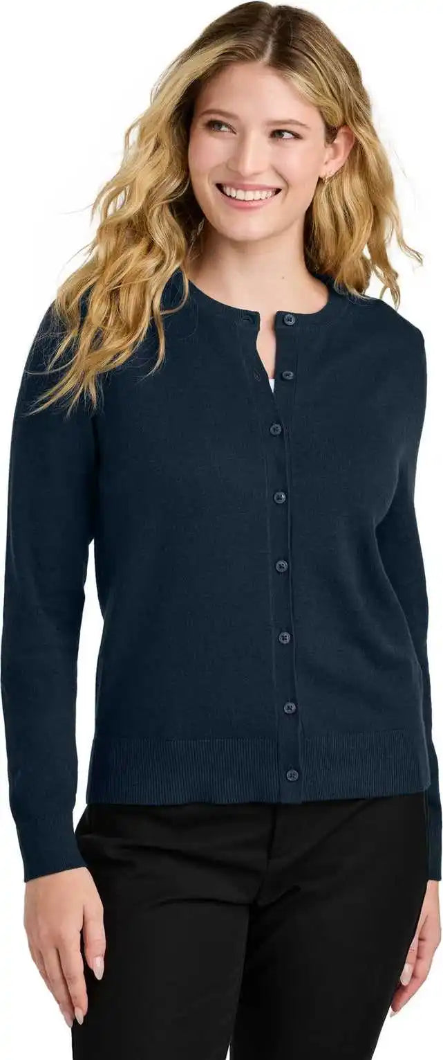 Port Authority Lsw2870 Women’s Easy Care Crewneck Cardigan Sweater River Blue Navy