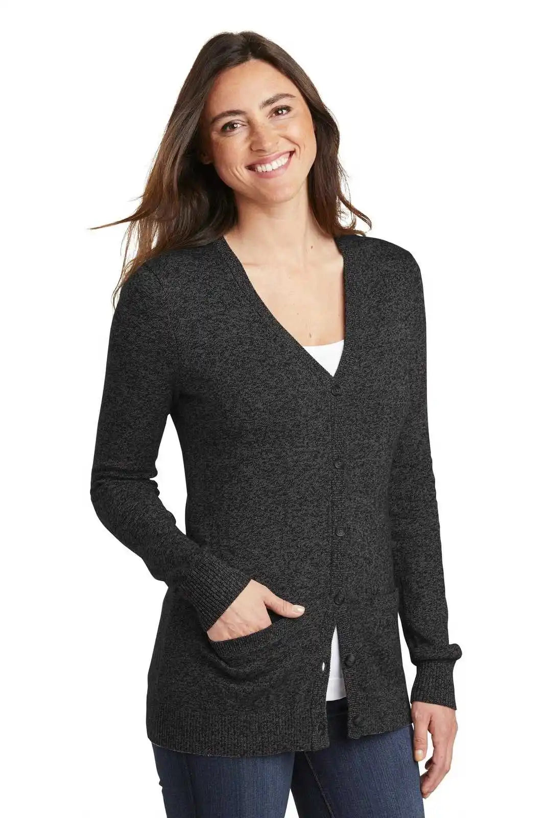 Port Authority Lsw415 Ladies Marled Cardigan Sweater - Black Marl