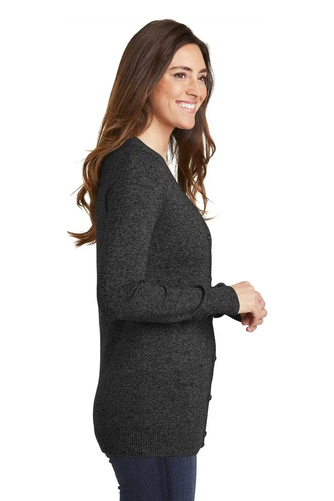 Port Authority Lsw415 Ladies Marled Cardigan Sweater - Black Marl