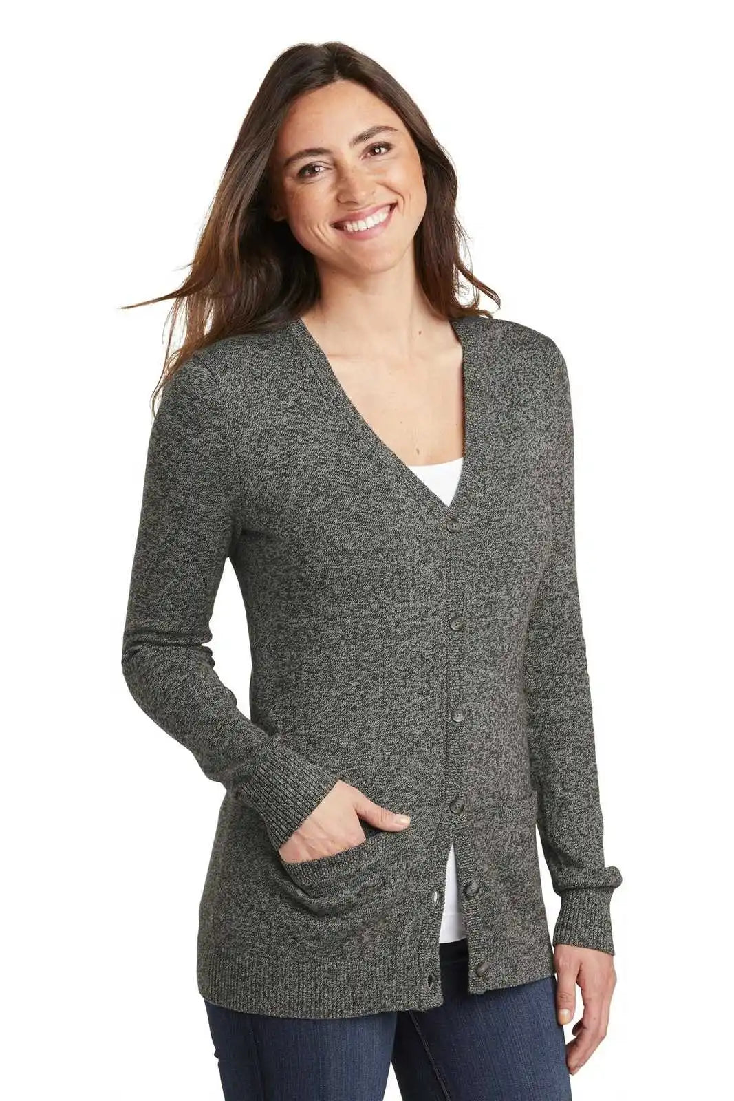 Port Authority Lsw415 Ladies Marled Cardigan Sweater - Warm Gray Marl