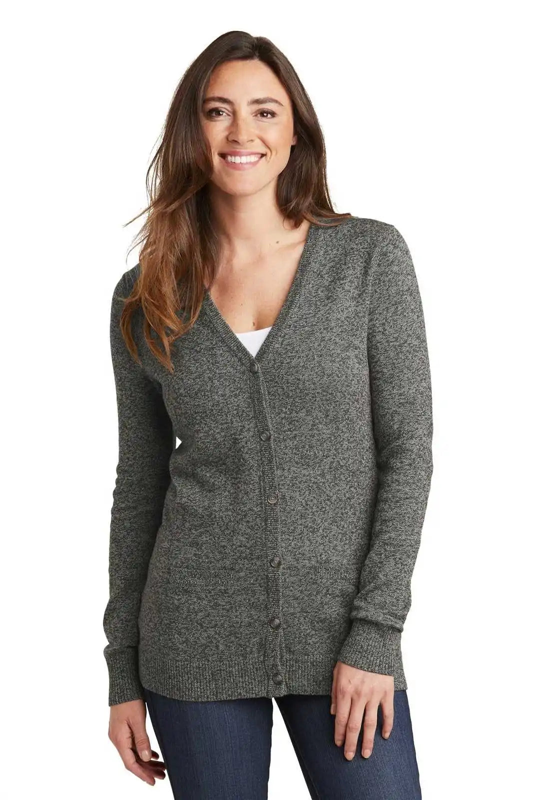 Port Authority Lsw415 Ladies Marled Cardigan Sweater - Warm Gray Marl