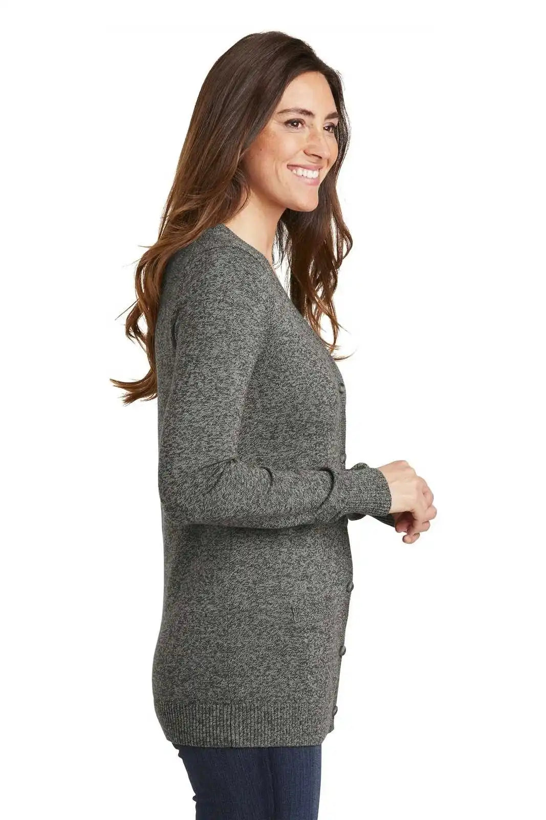 Port Authority Lsw415 Ladies Marled Cardigan Sweater - Warm Gray Marl