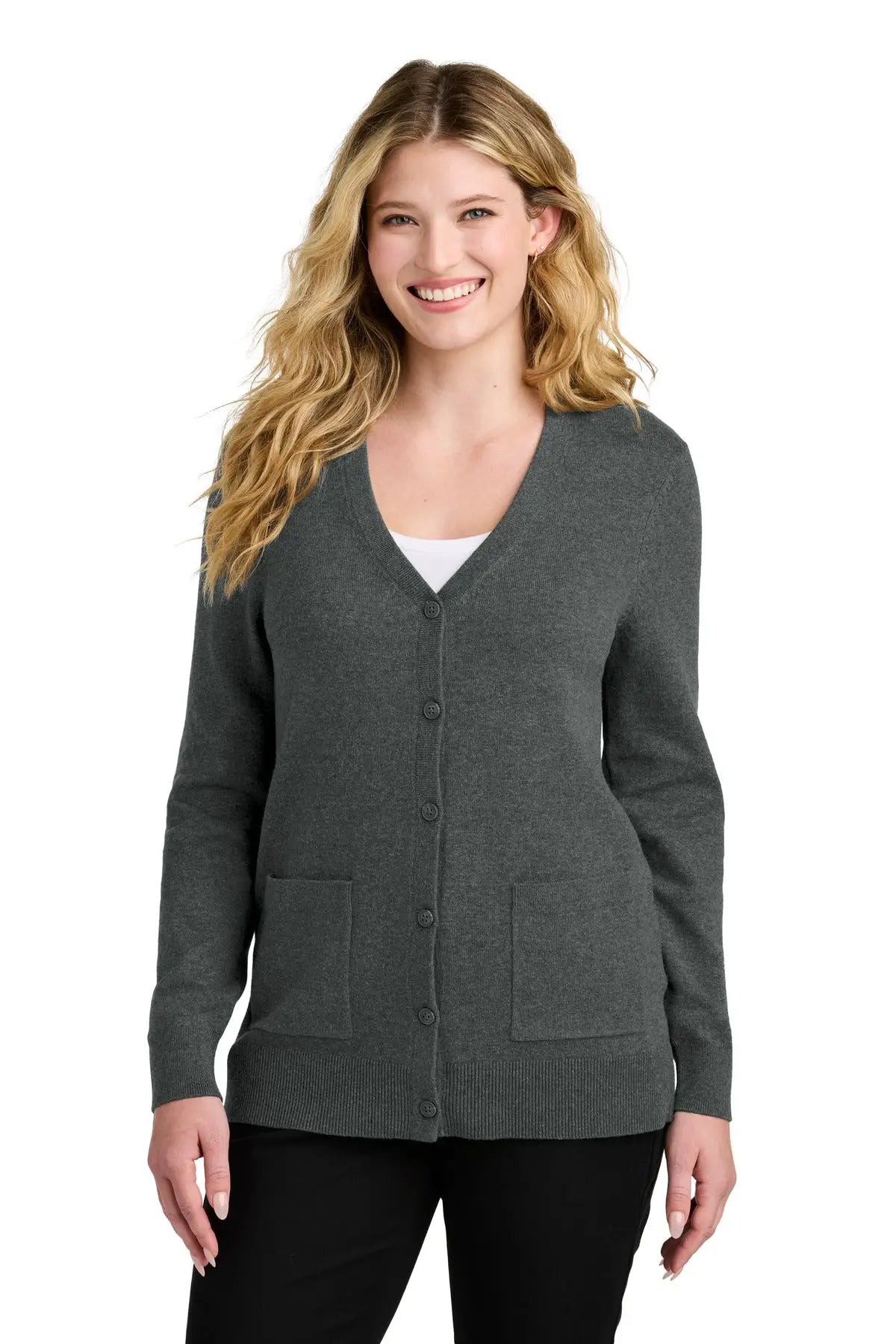 Port Authority Lsw4150 Women’s Easy Care Button-up Cardigan Sweater - Charcoal Heather - Ladies Xs