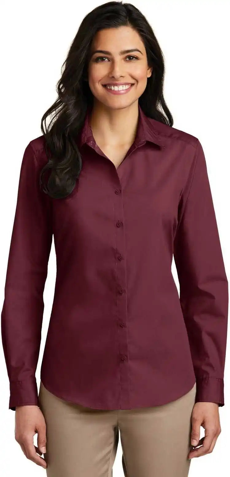 Port Authority Lw100 Ladies Long Sleeve Carefree Poplin Shirt - Burgundy