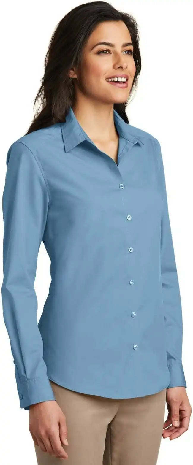 Port Authority Lw100 Ladies Long Sleeve Carefree Poplin Shirt Carolina Blue